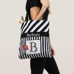 Bolsa Tote Trendy Modern Stripes Monogram Name<br><div class="desc">This beautiful and sophisticated design feature unique three-color lettering for the Monogram -- look closely and you will for yourself. That is a part of what makes this almost one-of-a kind -- for yourself or as a special gift. Black and White Stripes -- with a monogram and First name --...</div>
