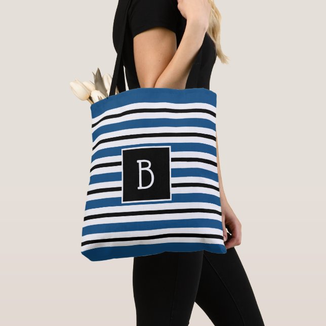 Bolsa Tote Trendy Monogramed Classic Blue Black Stripe (Close Up)
