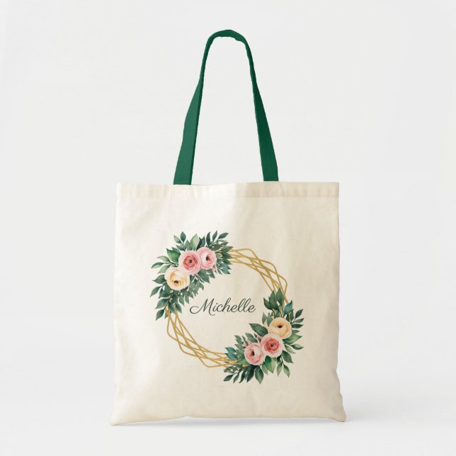 Bolsa Tote Trendy Personalized Name Botanical Dourado Greener (Frente)