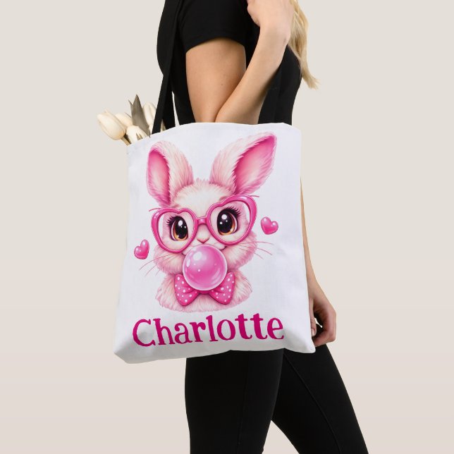 Bolsa Tote Trendy Pink Bunny  with Bubble Gum – Custom Name (Close Up)