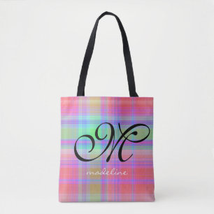 Bolsa Tote Trendy Rainbow Xadrez Stripes Girly Script Monogra