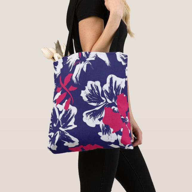 Bolsa Tote Trendy Tropical Abstract Blue Red Floral Pattern (Close Up)