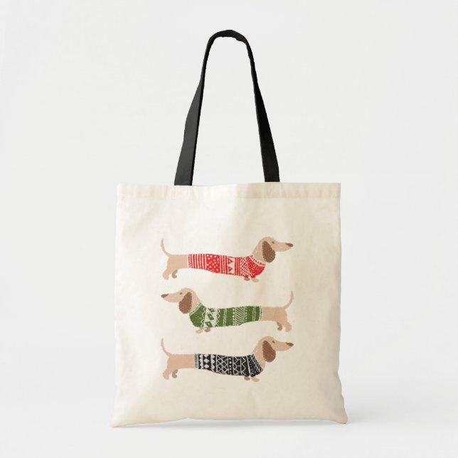 Bolsa Tote Três Dachshunds de Natal com Suéter Feio (Frente)