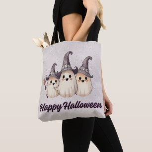 Bolsa Tote Três Fantasmas Chapéus de Bruxa Prata Feliz Hallow