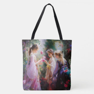 Bolsa Tote Três garotas brincando num jardim