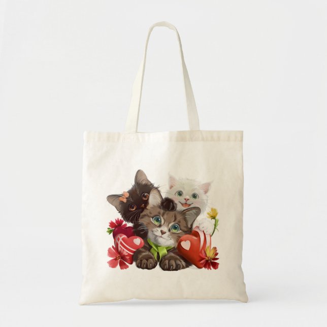 Bolsa Tote Três gatinhos e corações (Frente)