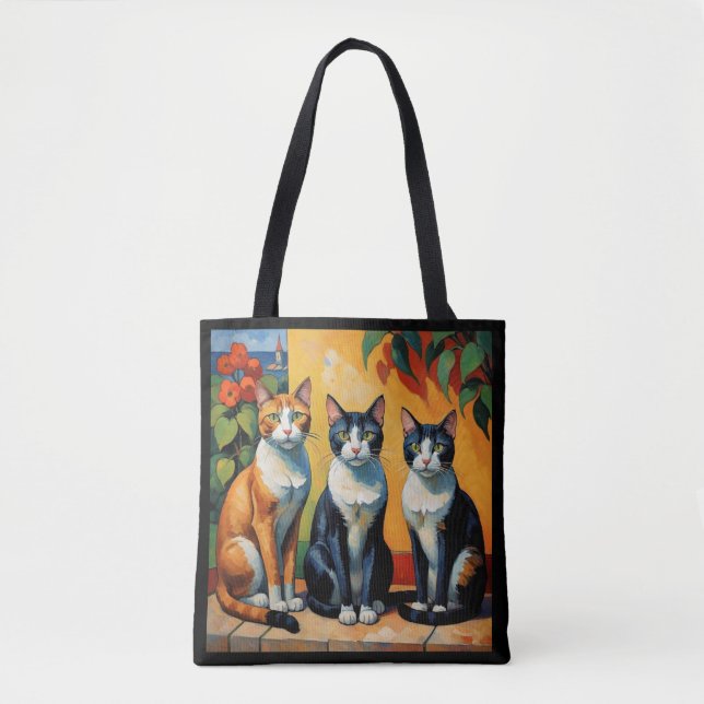 Bolsa Tote Três Gatos e Flores (Frente)