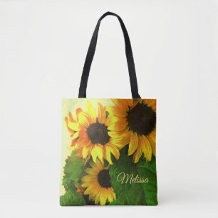 Bolsa Tote Três girassóis amarelos brilhantes personalizado