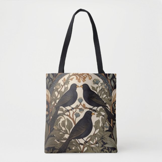 Bolsa Tote Três Pássaros Negros William Morris Inspirado (Frente)