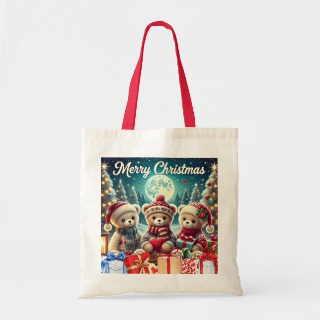 Bolsa Tote Três Ursos de Teddy Bonitos Feliz Natal (Frente)