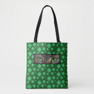 Bolsa Tote Trevos da Sorte & olhos de gato fofos em verde flo