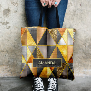 Bolsa Tote Triângulos geométricos de prata preta de ouro eleg