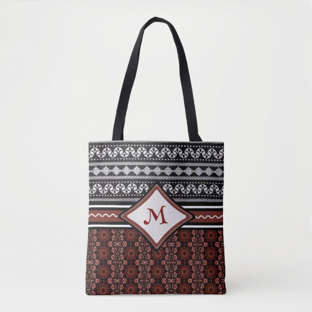 Bolsa Tote Tribal Abstrato Branco e Vermelho Chic Black (Frente)