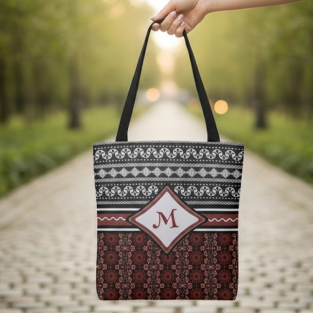 Bolsa Tote Tribal Abstrato Branco e Vermelho Chic Black (Criador carregado)