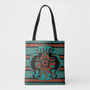 Bolsa Tote Tribal Kokopelli Teal Brown E Black
