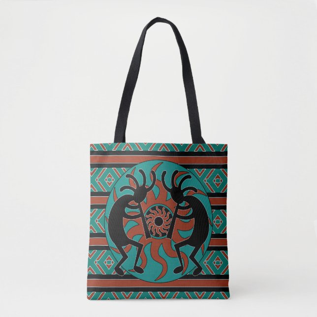 Bolsa Tote Tribal Kokopelli Teal Brown E Black (Frente)
