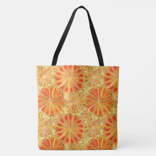 Bolsa Tote Tribal Mandala Impressão, Mostarda Dourada e Laran