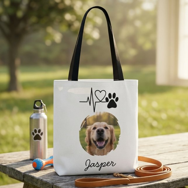 Bolsa Tote Tributo de Foto de Animal de Estimação Sentimental (Dog mom heartbeat tote)