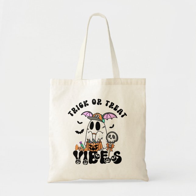 Bolsa Tote Trick or Tratar Vibes Retro Ghost Pumpkin Candy (Frente)