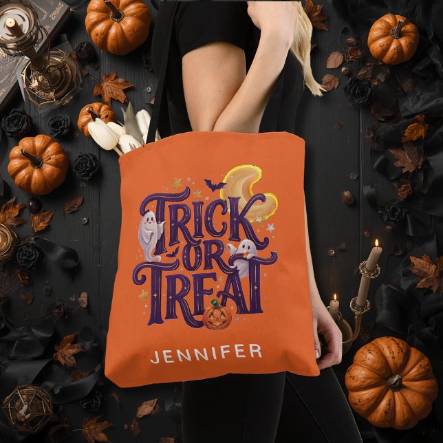 Bolsa Tote Trick or Treat Fantasma Fofa Laranja (Criador carregado)
