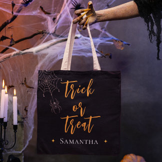 Bolsa Tote Trick or Treat Teia de Aranha Nome Personalizado -