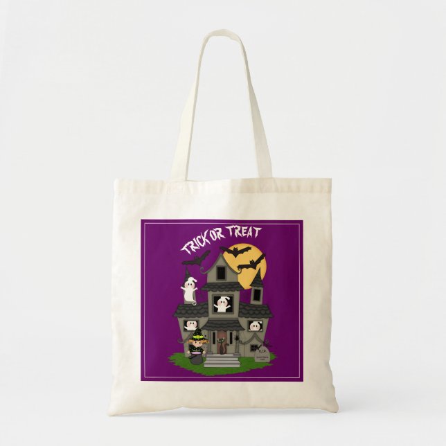 Bolsa Tote Trick ou trata a casa roxa assombrada do Halloween (Frente)