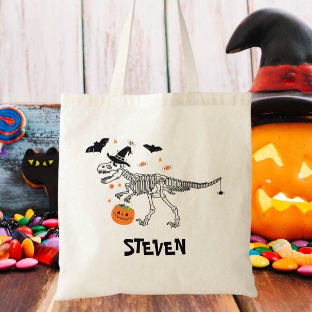 Bolsa Tote Trick ou trate o dinossauro com o Bruxo Halloween (Criador carregado)