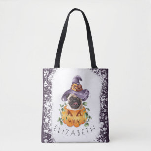 Bolsa Tote Trick ou Treat Halloween Pug em Jackolanterna