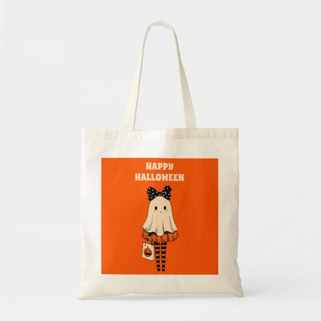 Bolsa Tote Trick ou Treine Quirky Cute Ghost Happy Halloween (Frente)