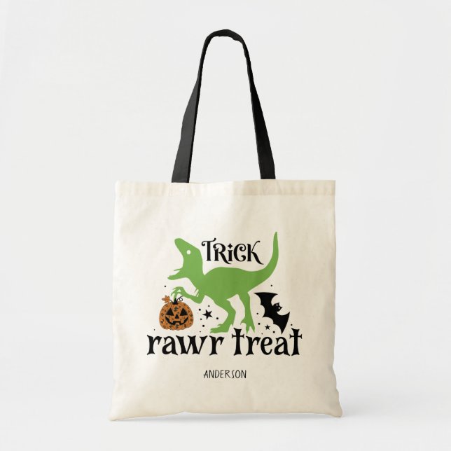 Bolsa Tote Trick Rawr Treat Dinossaur Halloween Personalizado (Frente)
