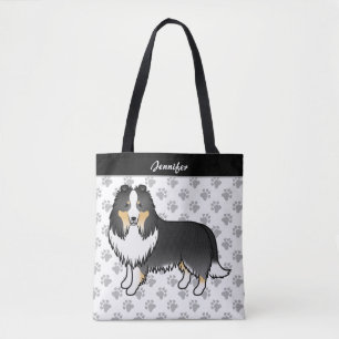 Bolsa Tote Tricolor Shetland Sheepdog Cartoon Dog & Name