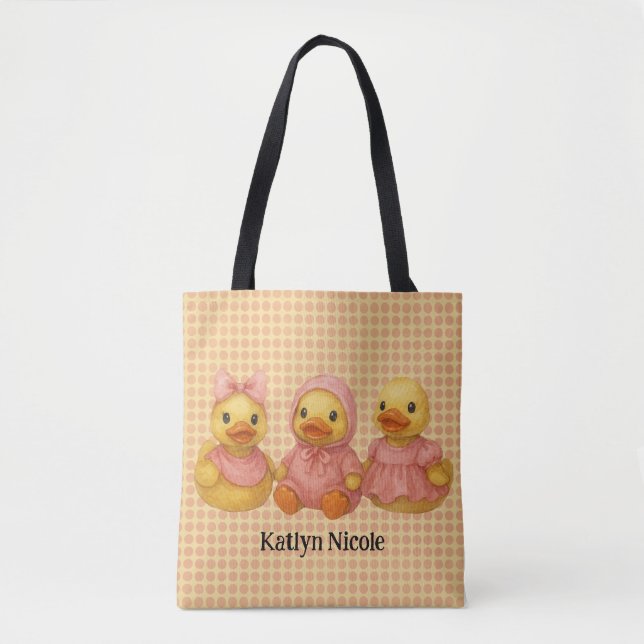 Bolsa Tote Trio Adorável de Pato em Traços Rosa (Frente)