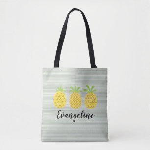 Bolsa Tote Trio de Abacaxi com Pinstripe Verde 