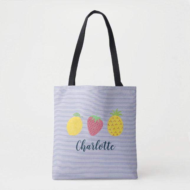 Bolsa Tote Trio de Fruta de Verão com Marinho Pinstripe (Frente)