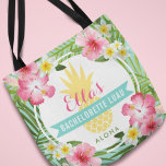 Bolsa Tote Tropical Bachelorette Luau Pineapple Flowers<br><div class="desc">"Aloha" personalized wedding bachelorette luau party bags feature a yellow pineapple with lush frame of green palm leaves and tropical hibiscus flowers. Stylish custom text can be personalized with the bride's name and your choice of wording. Vibrant colors include pink,  magenta,  green,  yellow,  seafoam,  and aqua blue.</div>
