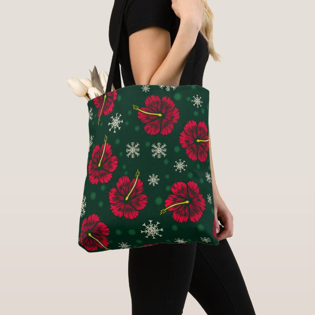 Bolsa Tote Tropical Floral Hibiscus Snowflakes Natal | (Close Up)