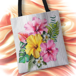 Bolsa Tote Tropical Flowers Gray Wood Personalized AOP