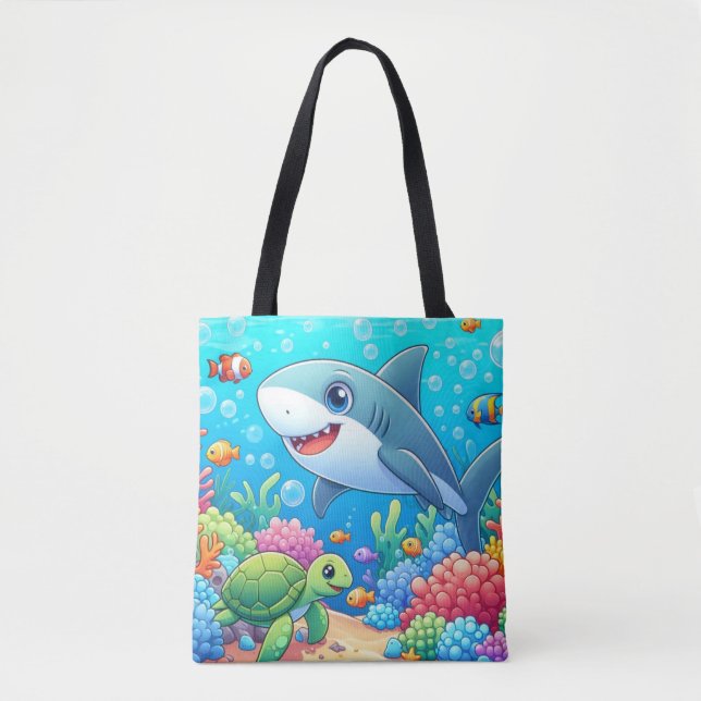 Bolsa Tote Tropical/Hawaii colorful underwater shark & turtle (Frente)