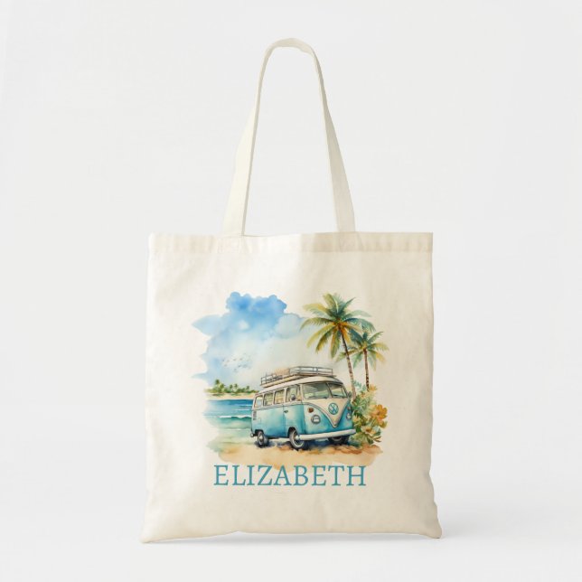Bolsa Tote Tropical Island Retro Blue Bus  (Frente)