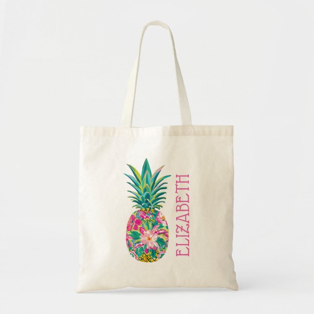 Bolsa Tote Tropical Rosa e Verde Floral Abacaxi (Frente)