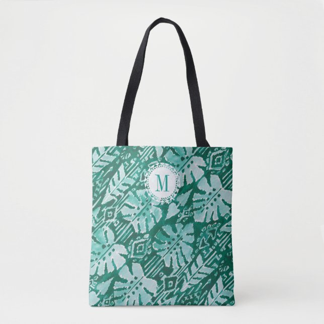 Bolsa Tote Tropical verde havaiano da SELVA IKAT do monograma (Frente)