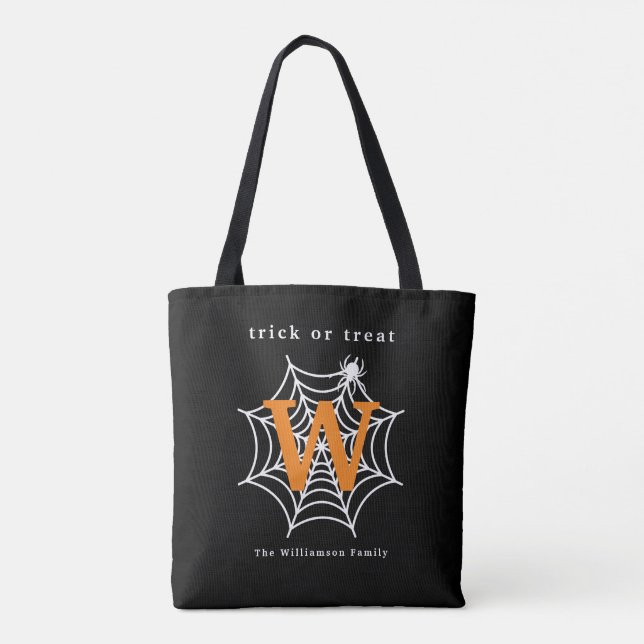 Bolsa Tote Truque de Aranha Halloween ou Monograma de Tratame (Verso)