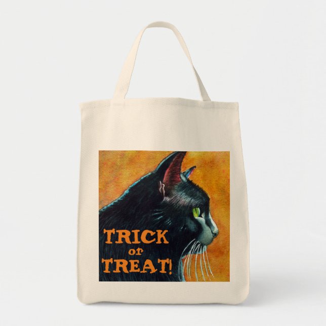 Bolsa Tote Truque de Gato Negro Halloween ou Saco de Tratamen (Frente)