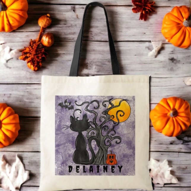Bolsa Tote Truque de Halloween ou Tratar Bat de Gato Negro Ro (Criador carregado)