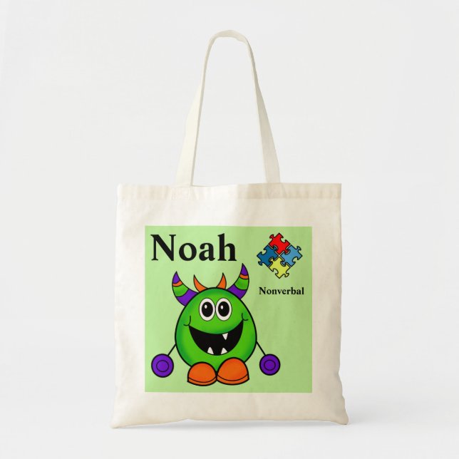 Bolsa Tote Truque de Halloween ou TRATE Bag NAME Autism Quebr (Frente)