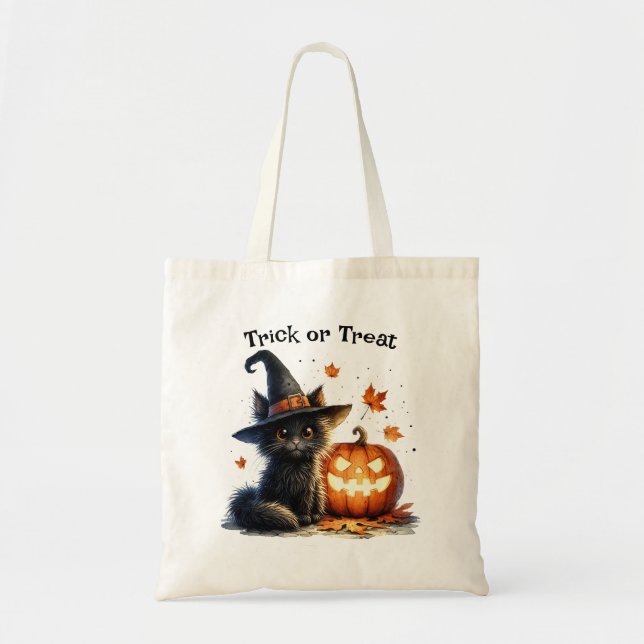Bolsa Tote Truque de Halloween ou Trate Gato Negro no Chapéu  (Frente)
