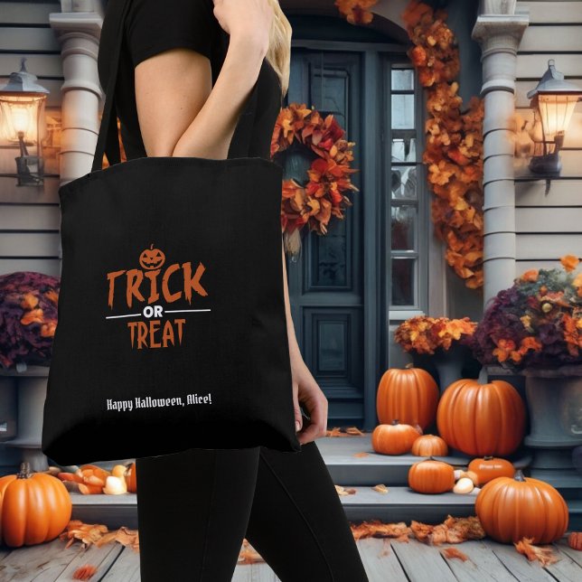 Bolsa Tote Truque De Halloween Preto Ou Impressão (Black Halloween "Trick Or Treat" Print Bag)