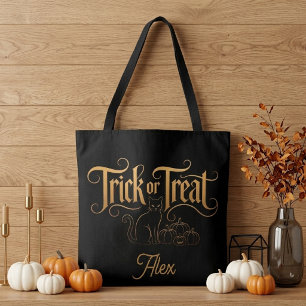 Bolsa Tote Truque ou Gosto Halloween Gato Preto Rótulo Dourad