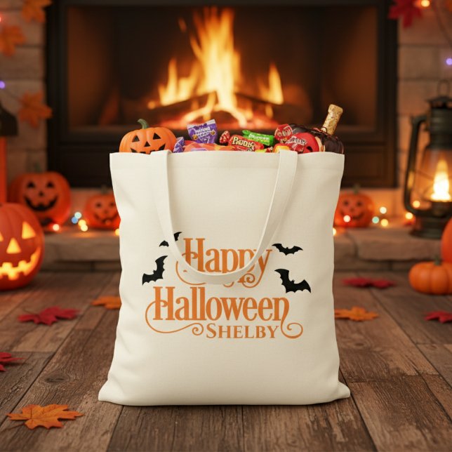 Bolsa Tote Truque ou Tratado Feliz de Halloween Personalizado (Personalized Happy Halloween Trick or Treat Tote Bag - Add your favorite trick-or-treater's name!)
