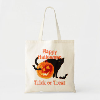 Bolsa Tote truque ou tratamento de gato preto e jack-o-lanter